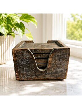 Rustic Wooden Coaster Set With Holder 4 Coasters Distressed Finish Made In India
